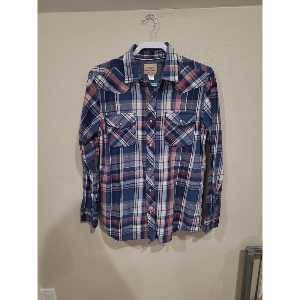 Roebuck & Co. Red White‎ Blue Flannel pearl snap Western Shirt Men's SZ M Tall